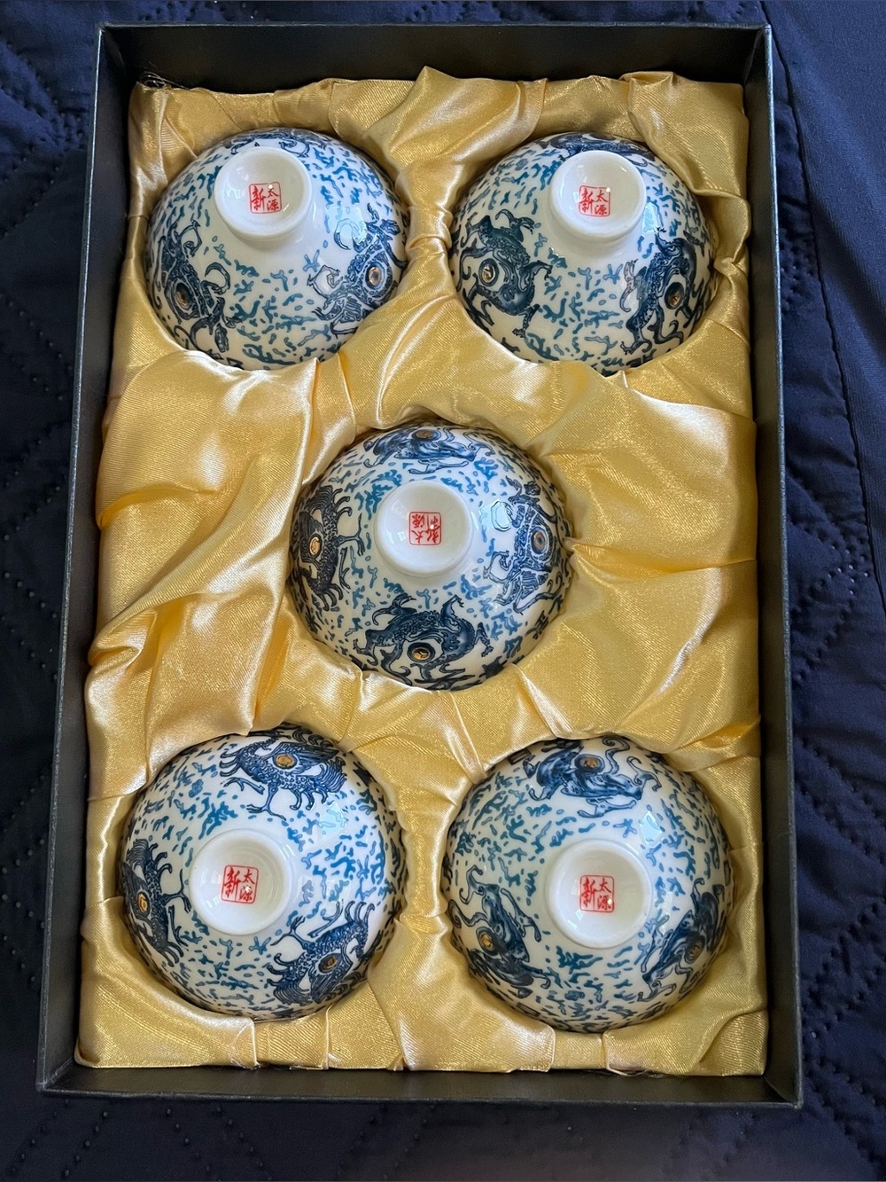 US Seller - Porcelain Ceremony Taiwan Blue Dragon Tea Cup Set Of 5 NEW in Box